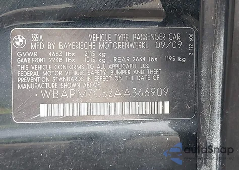 2010 BMW 335I from USA, damaged, VIN WBAPM7C52AA366909